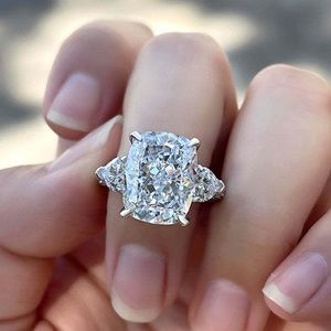 Simulated Diamond Cushion Cut Three Stone Ring In Sterling Silver Size 8.5